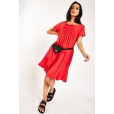 Gathered Front Red Swing Dress