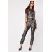 Metallic Floral Pattern Tapered Trousers