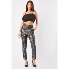 Metallic Floral Pattern Tapered Trousers