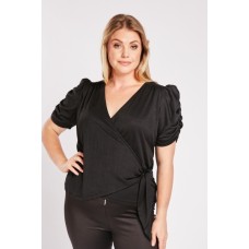 Ruched Short Sleeve Black Top